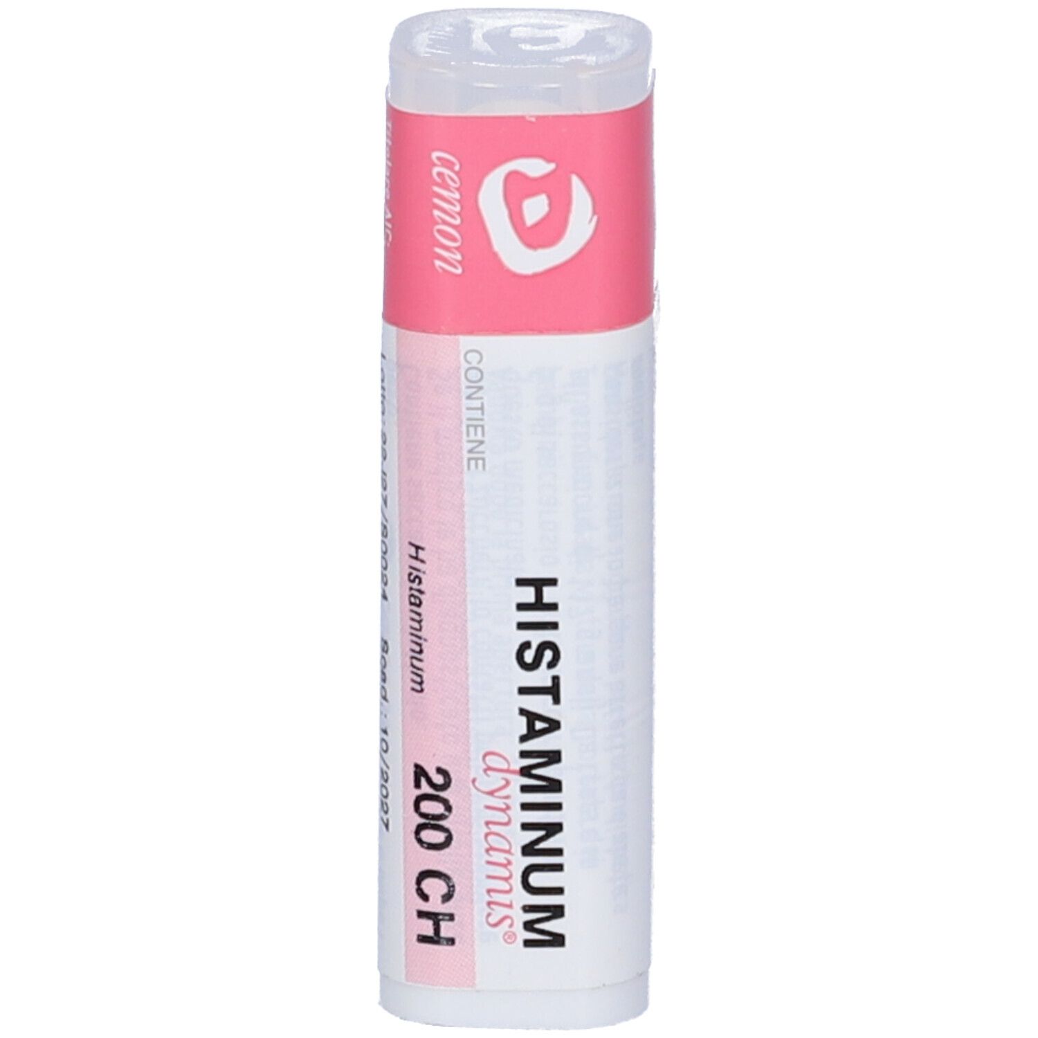 Flacone bianco con etichetta rosa. Scritta: Histaminum 200 CH, cemon dynamis.