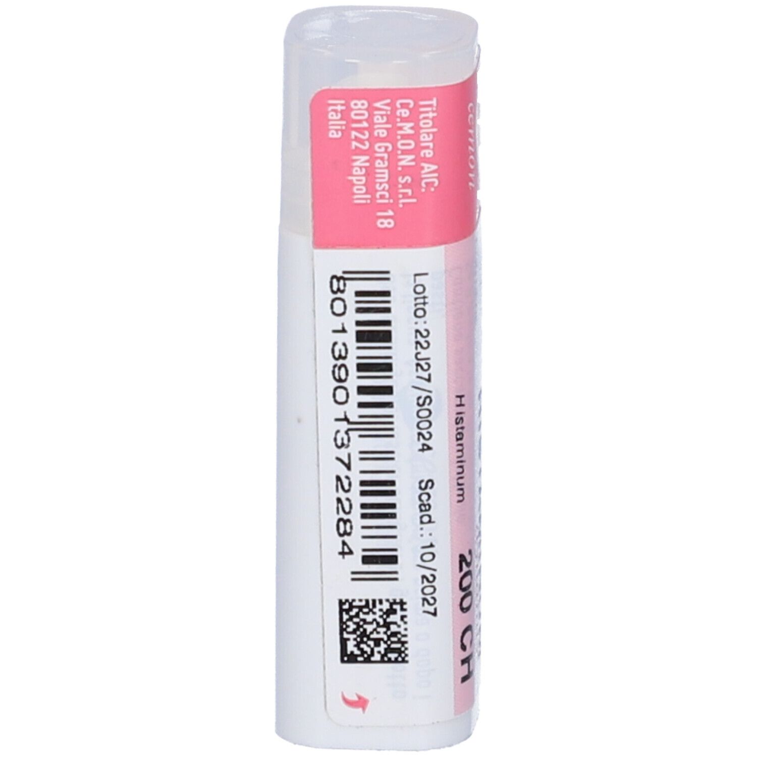 Flacone bianco con etichetta rosa. Scritta: Histaminum 200 CH, cemon dynamis, numero lotto.