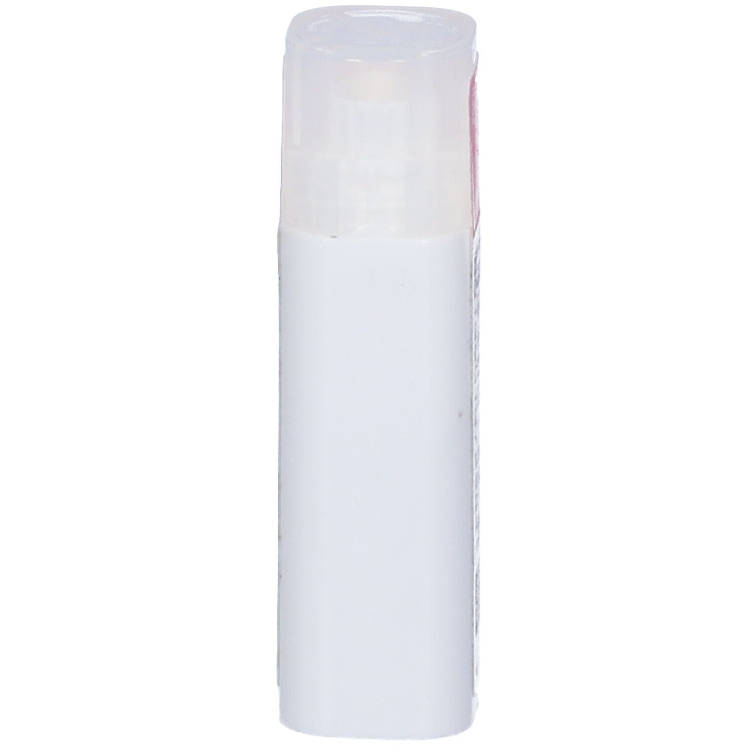 Flacone cilindrico bianco con coperchio trasparente. Etichetta rosa non visibile.