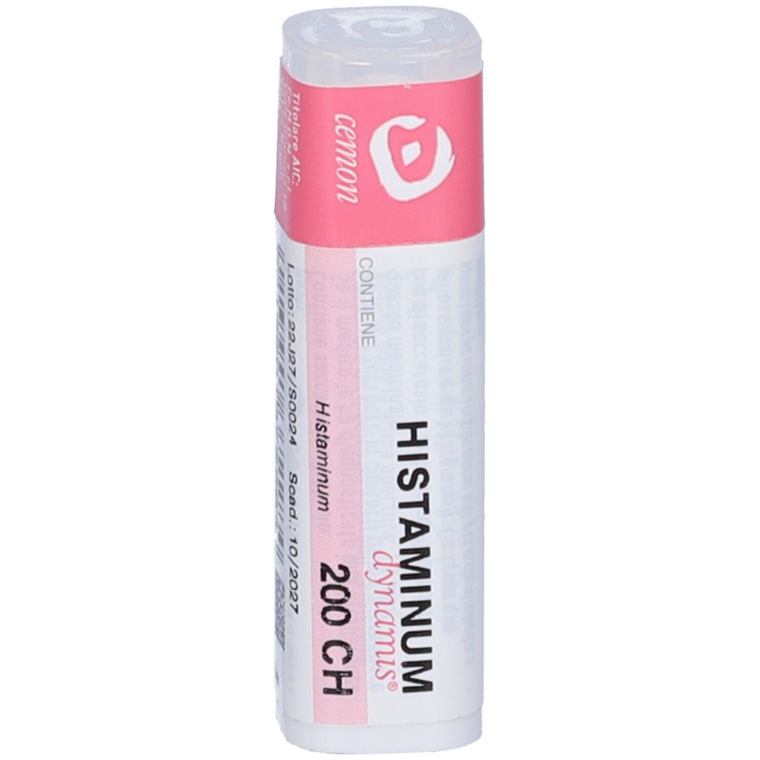 Flacone bianco con etichetta rosa. Scritta: Histaminum 200 CH, cemon dynamis.