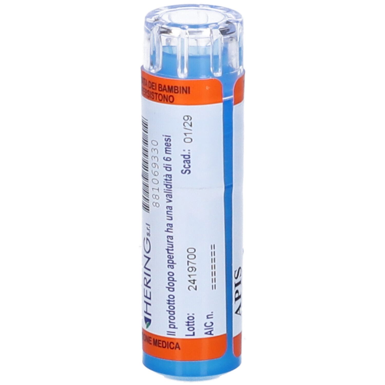 Flacone cilindrico con tappo trasparente. Scritta: Hering. Numero di lotto e data di scadenza.