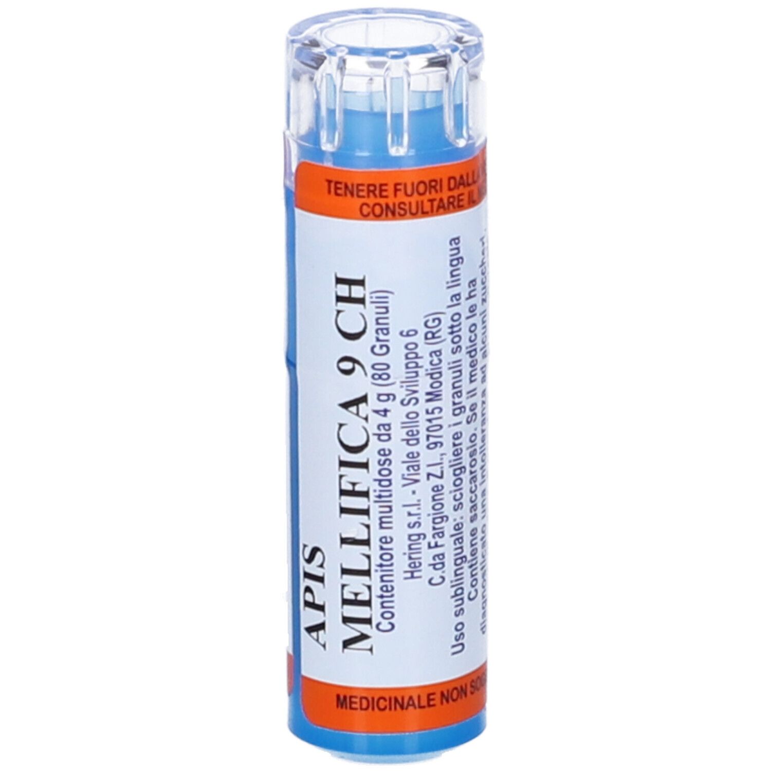 Flacone cilindrico con tappo trasparente. Scritta: Apis Mellifica 9 CH. Istruzioni per l'uso.