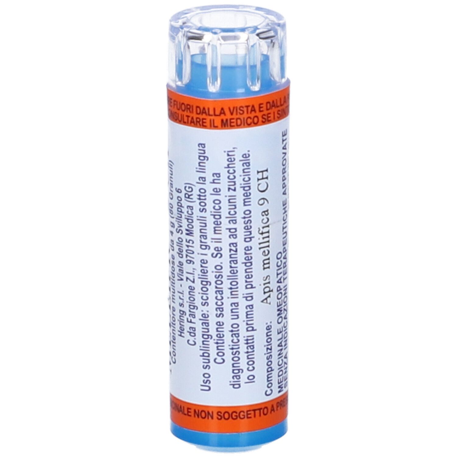 Flacone cilindrico con tappo trasparente. Scritta: Apis mellifica 9 CH. Indicazioni mediche.
