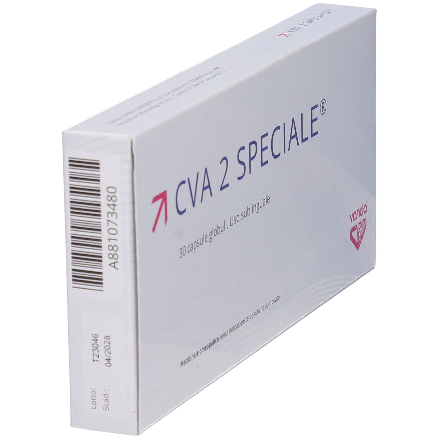 Scatola CVA 2 SPECIALE, 30 globuli. Codice a barre e testo. Logo freccia rosa. Marchio Vanda.