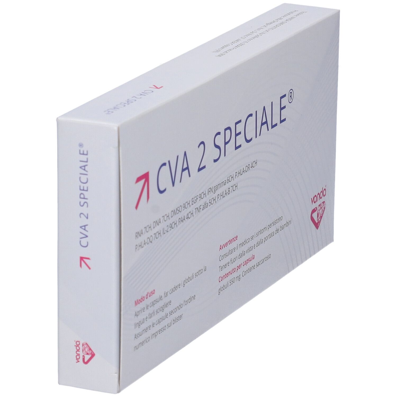 Scatola CVA 2 SPECIALE, 30 globuli. Ingredienti aggiuntivi. Logo Vanda.