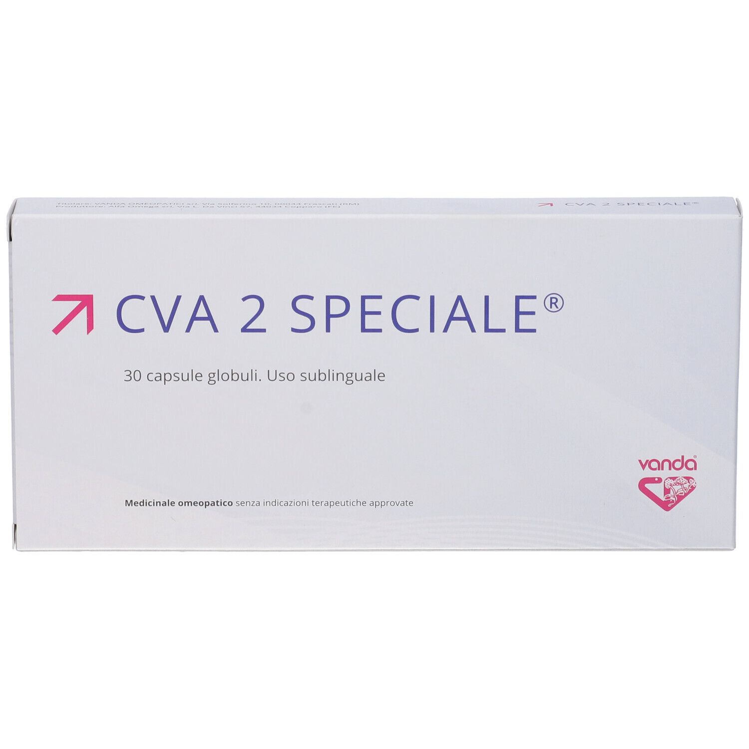 Scatola bianca CVA 2 SPECIALE, 30 globuli. Logo freccia rosa. Marchio Vanda.