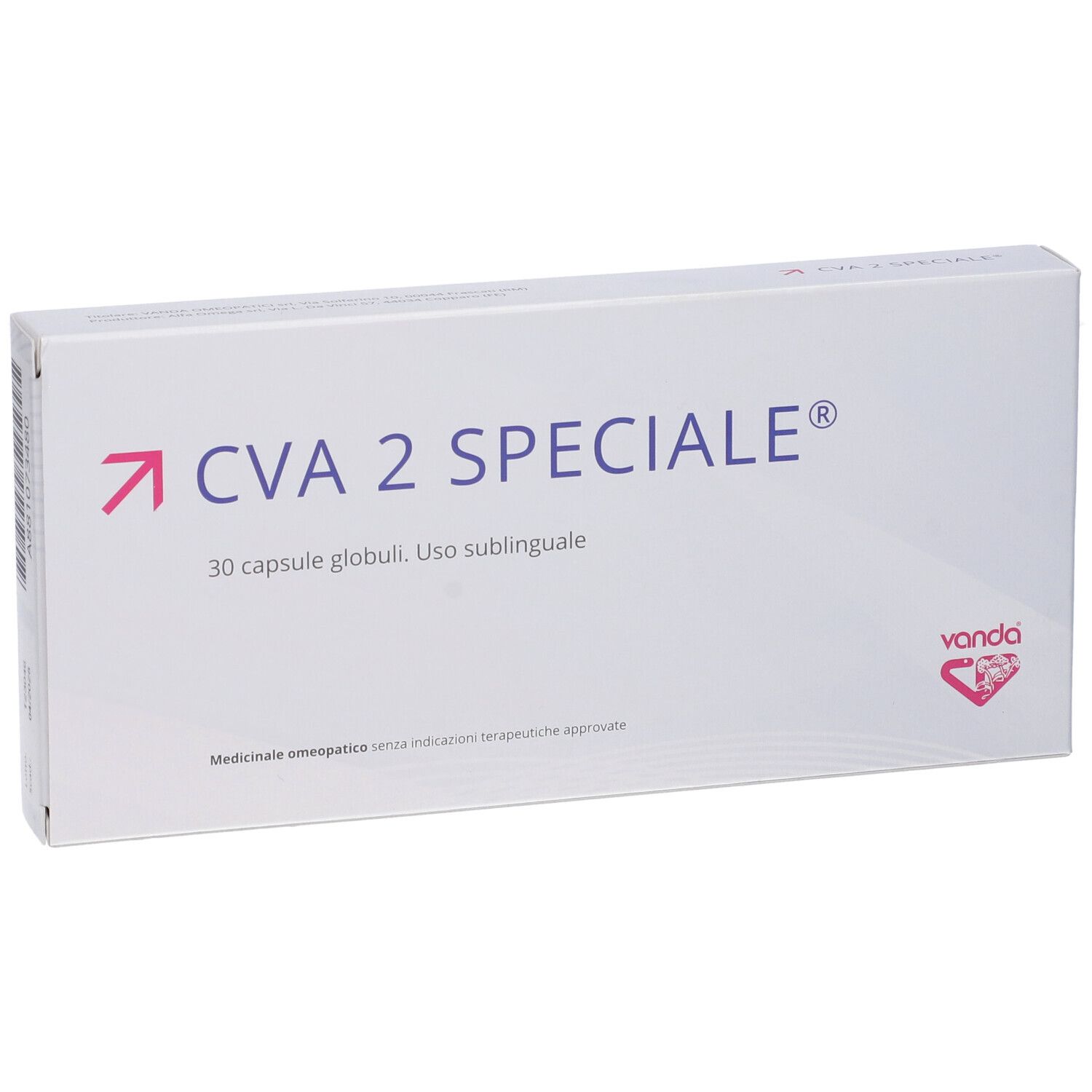 Scatola bianca CVA 2 SPECIALE, 30 globuli. Logo freccia rosa. Marchio Vanda.