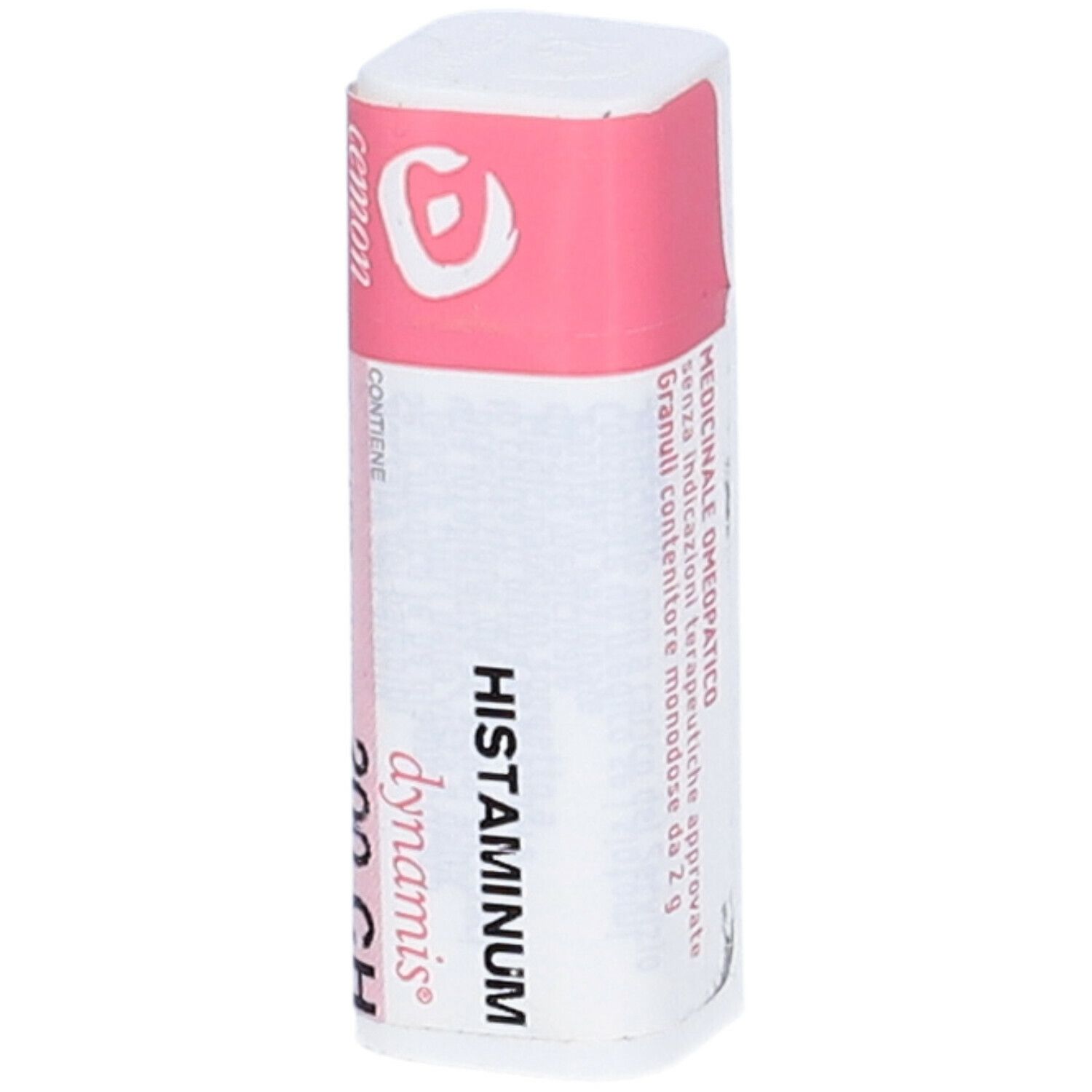 Confezione rettangolare con etichetta rosa. Scritta: Histaminum 200 CH, dynamis. Testo: Medicinale omeopatico.