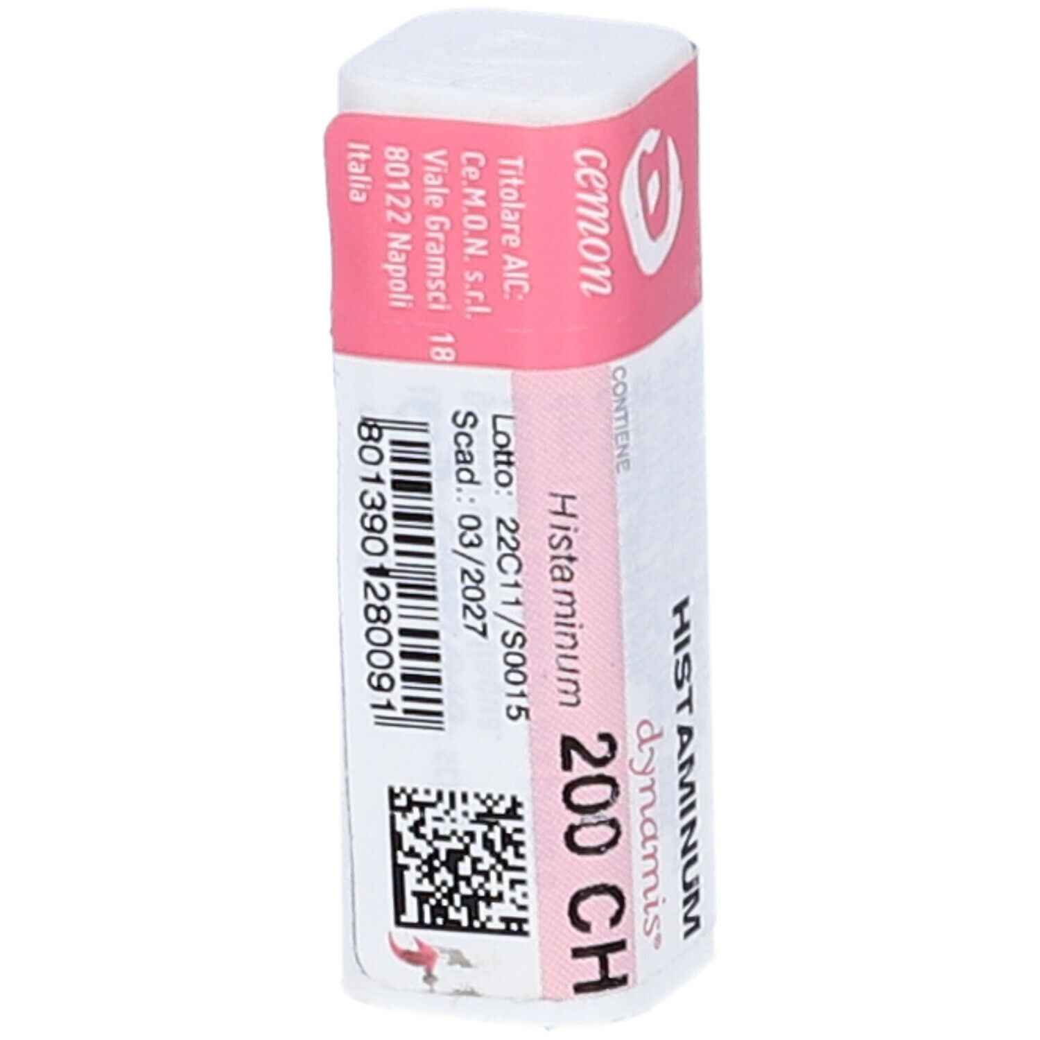 Confezione rettangolare con etichetta rosa. Scritta: Histaminum 200 CH, dynamis. Testo: Cemon, scadenza 03/2027.