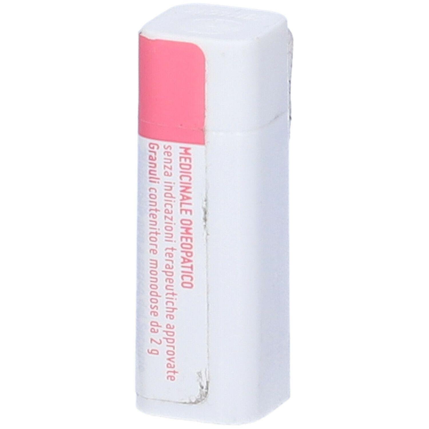Confezione rettangolare bianca con etichetta rosa. Testo: Medicinale omeopatico. Granuli contenitore monodose.