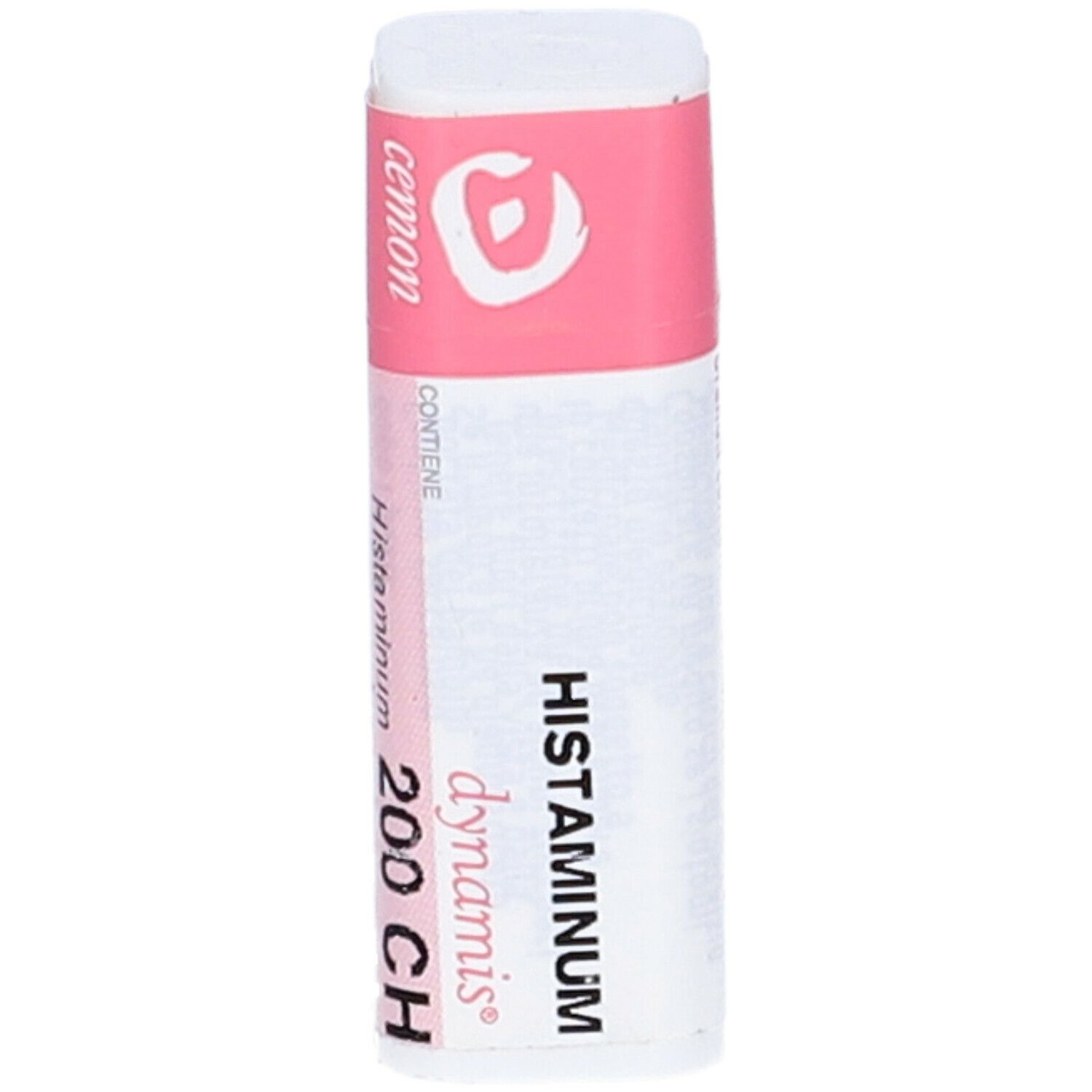 Confezione cilindrica con etichetta rosa. Scritta: cemon, dynamis. Visibile: Histaminum 200 CH.