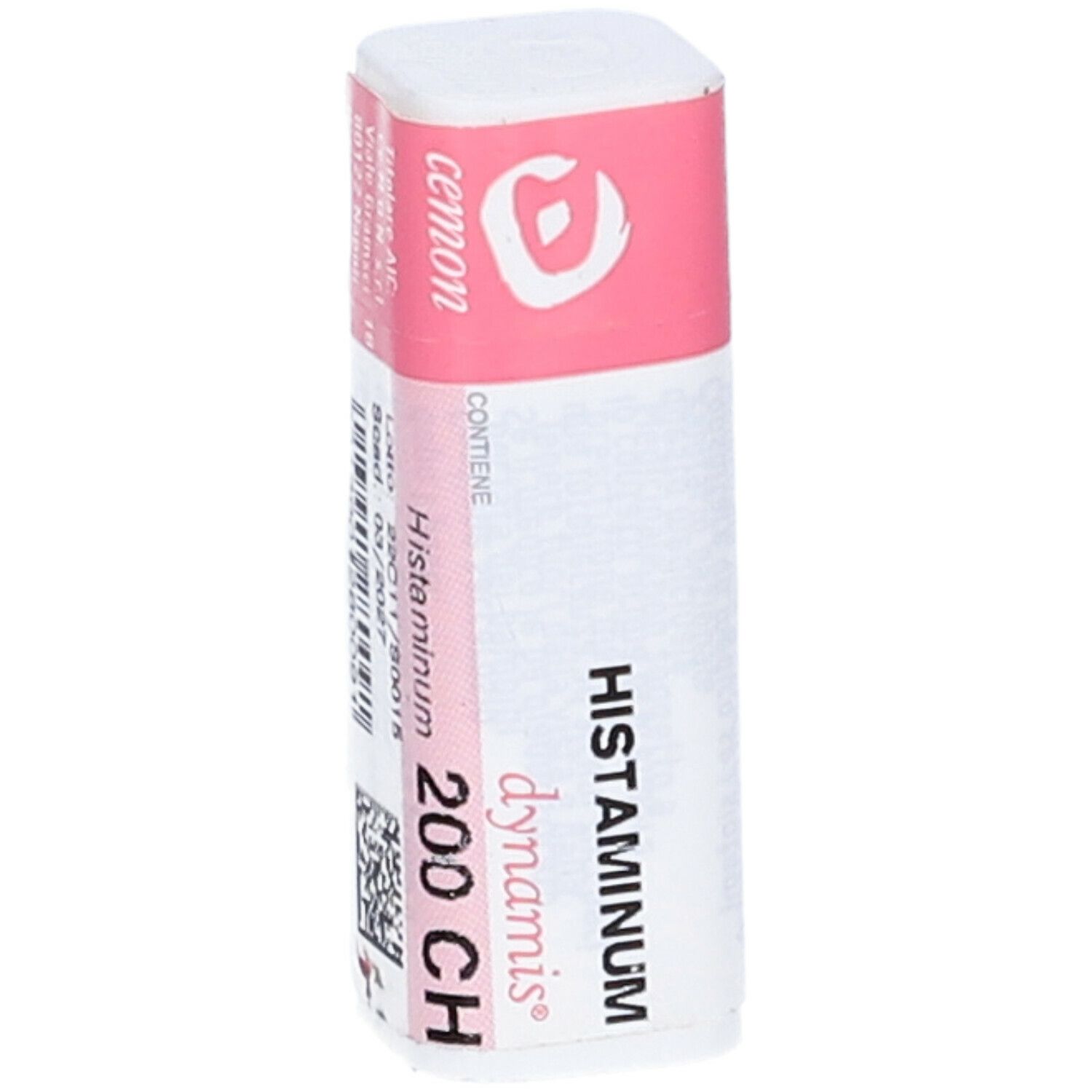 Confezione cilindrica con etichetta rosa. Scritta: cemon, dynamis. Visibile: Histaminum 200 CH. Con dati di produzione.