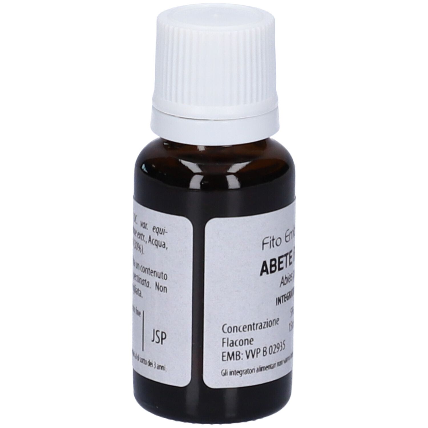 Flacone di vetro marrone con tappo bianco. Scritta: Fito Embryo Estratti Abete Bianco fee. 15ml.