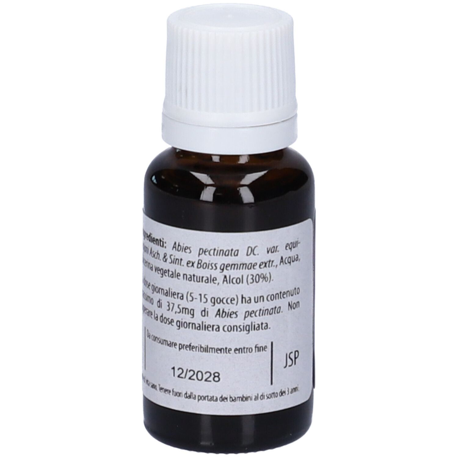 Flacone di vetro marrone con tappo bianco. Scritta: Fito Embryo Estratti Abete Bianco fee. 15ml.
