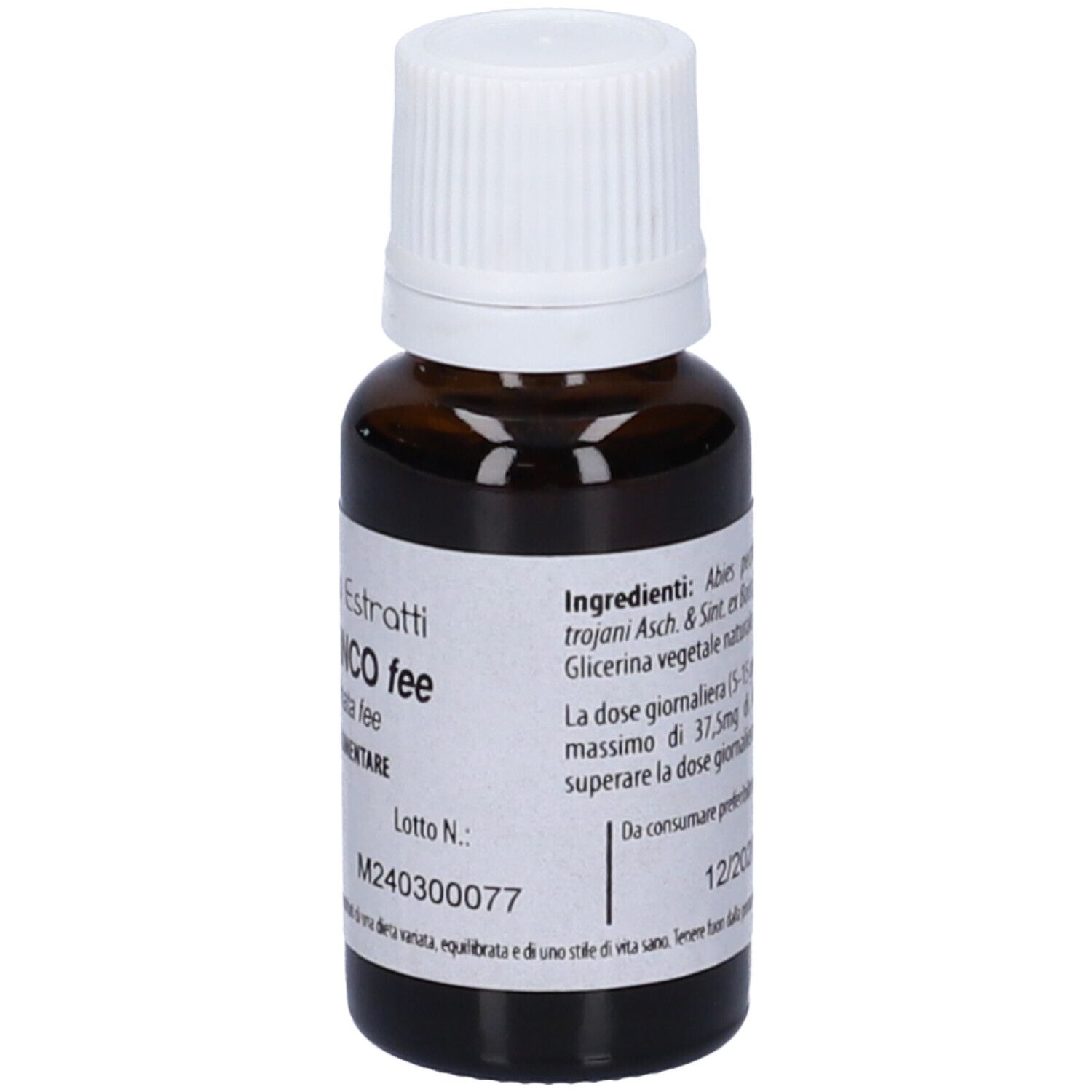 Flacone di vetro marrone con tappo bianco. Scritta: Fito Embryo Estratti Abete Bianco fee. 15ml.