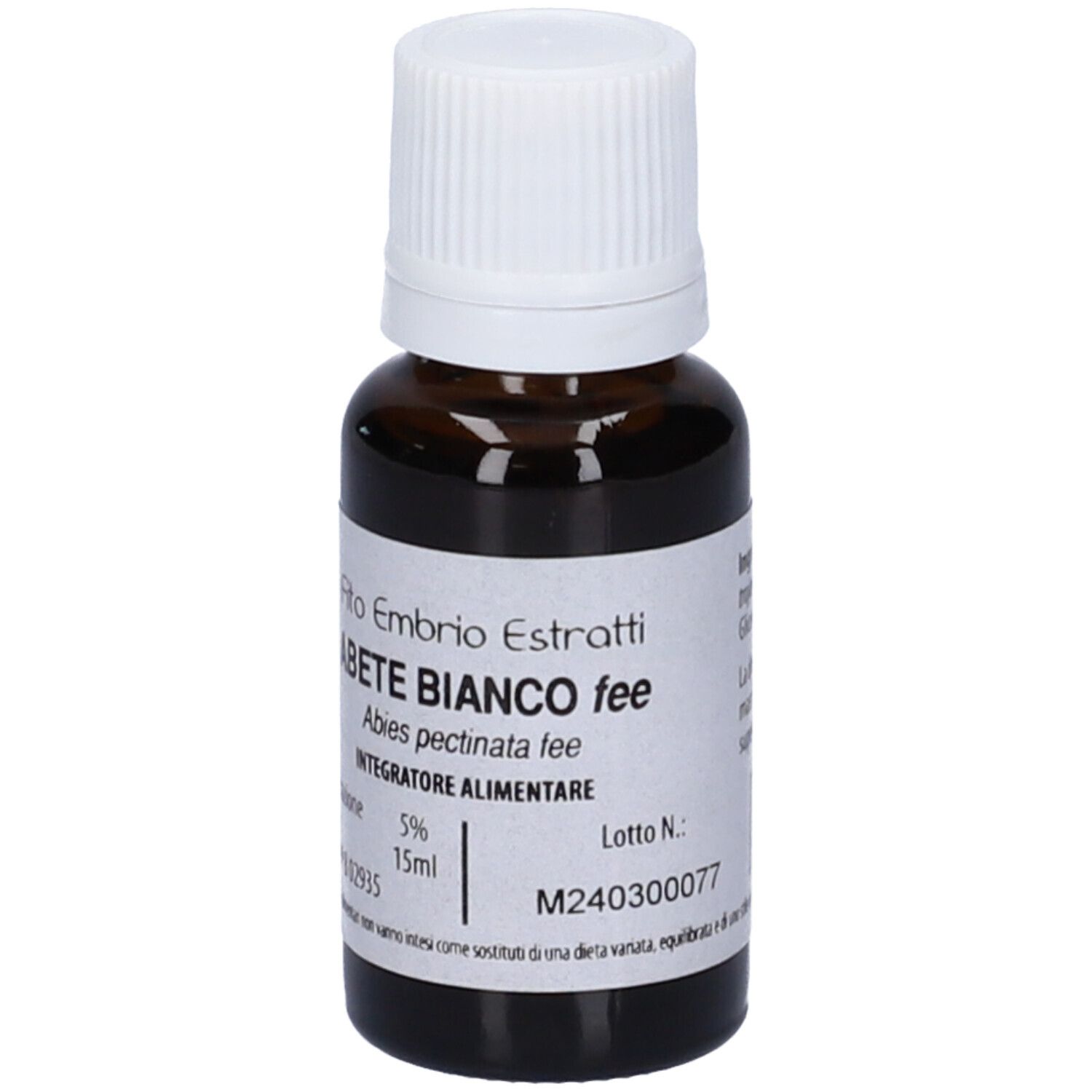 Flacone di vetro marrone con tappo bianco. Scritta: Fito Embryo Estratti Abete Bianco fee. 15ml.