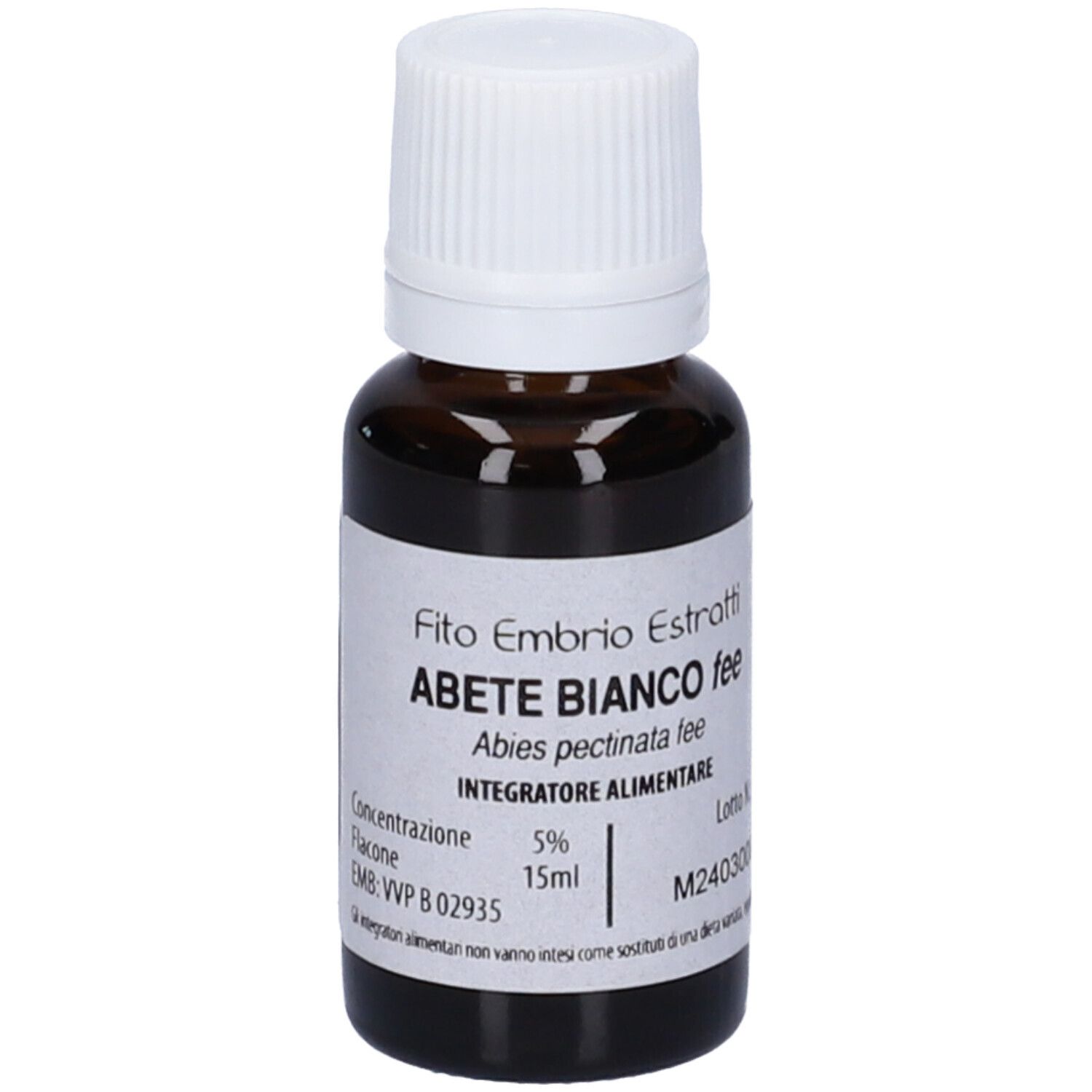 Flacone di vetro marrone con tappo bianco. Scritta: Fito Embryo Estratti Abete Bianco fee. 15ml.