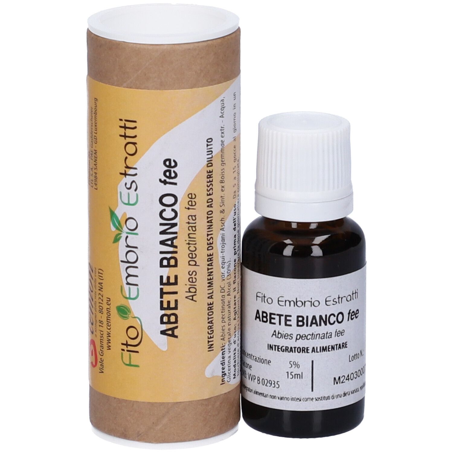 Flacone di vetro marrone con tappo bianco e confezione cilindrica in cartone. Scritta: Fito Embryo Estratti Abete Bianco fee.