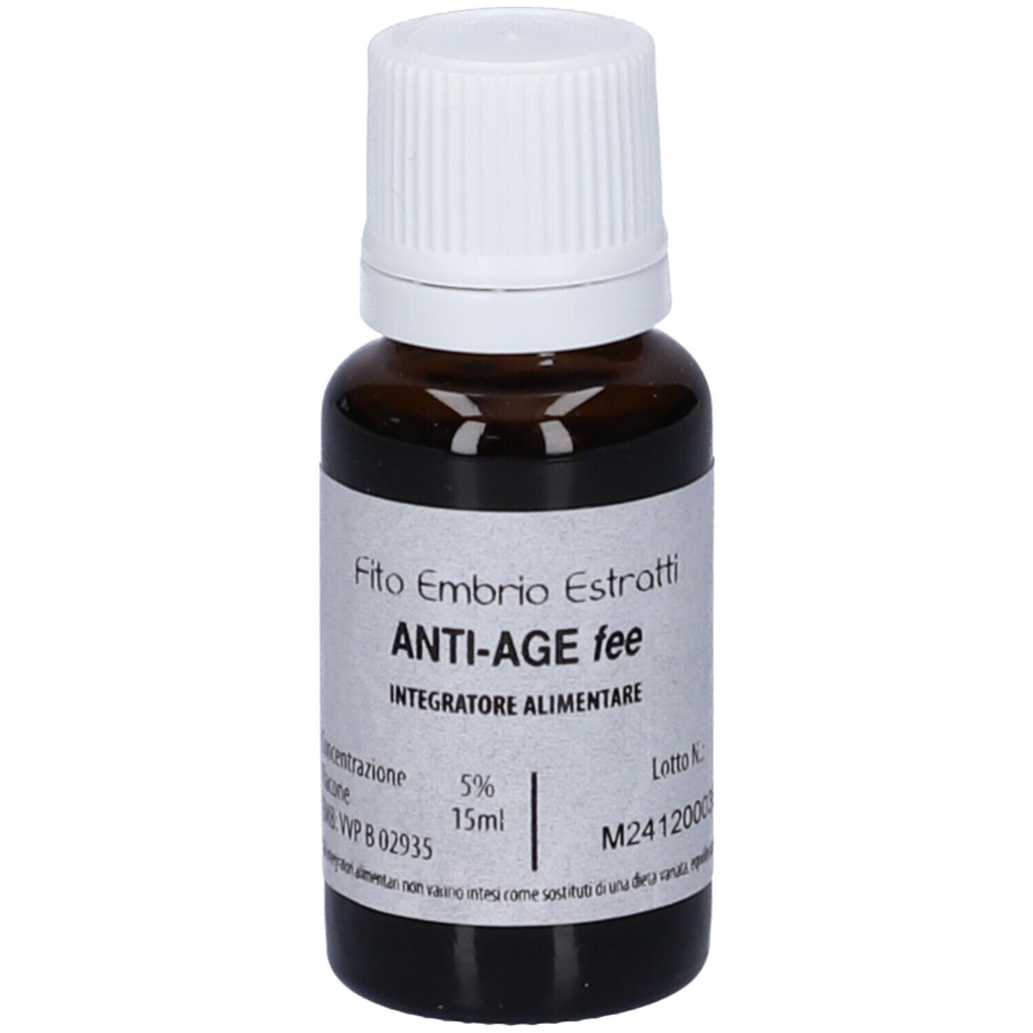Flacone di vetro marrone con tappo bianco. Scritta: Fito Embryo Estratti ANTI-AGE fee, 15ml.