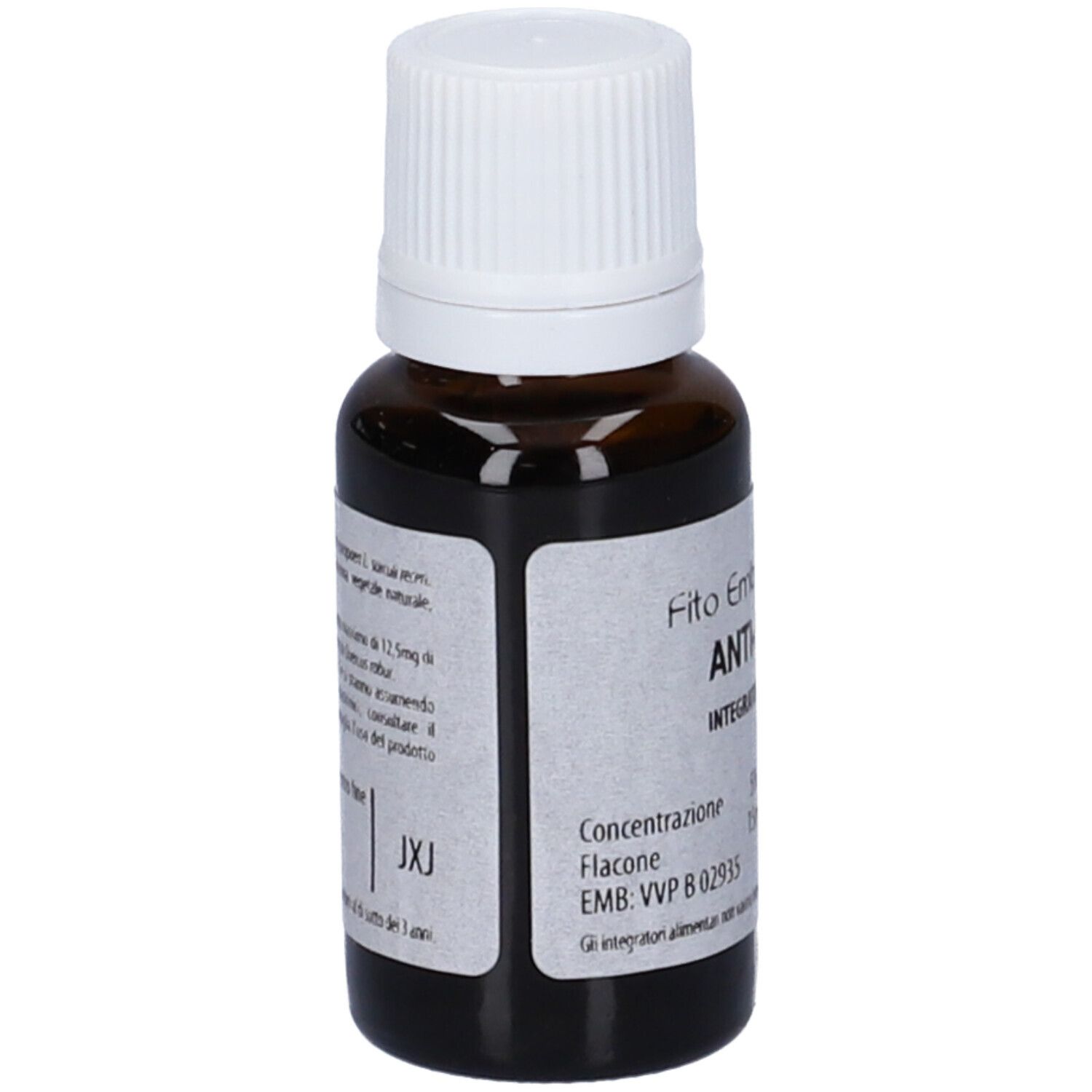 Flacone di vetro marrone con tappo bianco. Scritta: Fito Embryo Estratti ANTI-AGE fee. Etichetta con ingredienti.