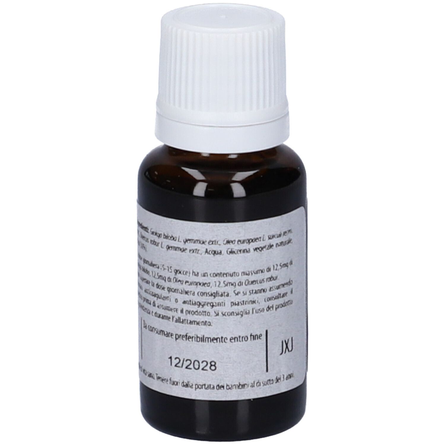 Flacone di vetro marrone con tappo bianco. Scritta: Fito Embryo Estratti ANTI-AGE fee. Etichetta con ingredienti e data di scadenza.