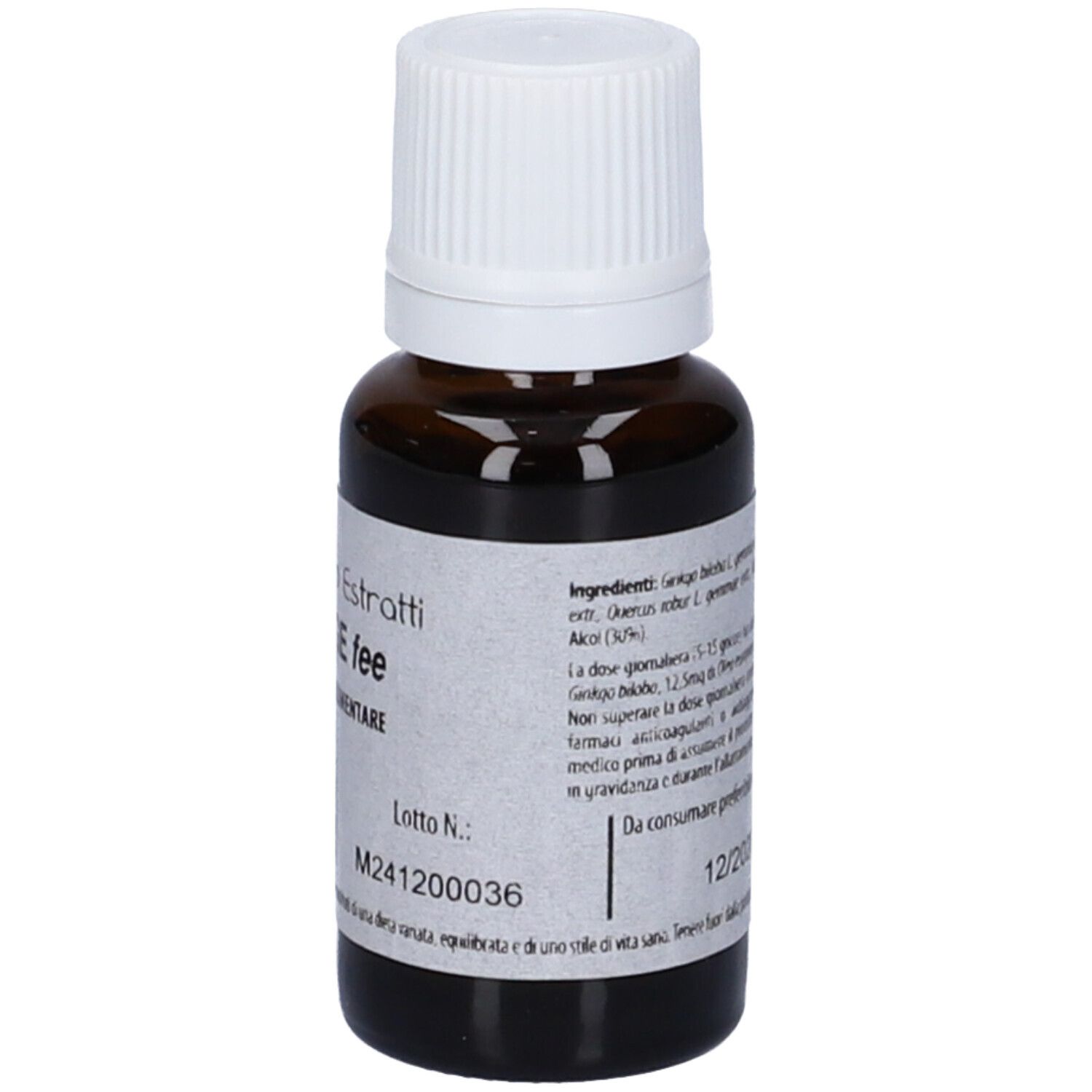 Flacone di vetro marrone con tappo bianco. Scritta: Fito Embryo Estratti ANTI-AGE fee. Etichetta con ingredienti e data di scadenza.