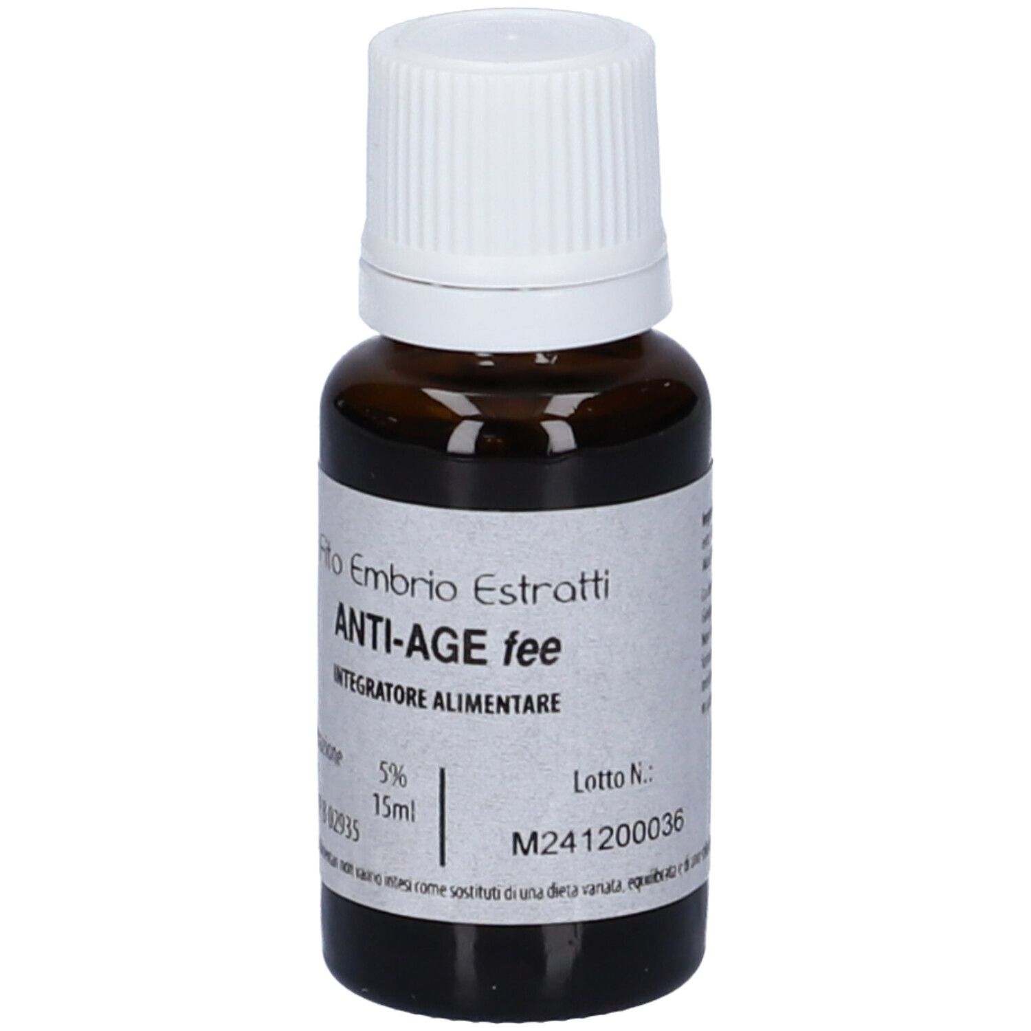 Flacone di vetro marrone con tappo bianco. Scritta: Fito Embryo Estratti ANTI-AGE fee, 15ml.