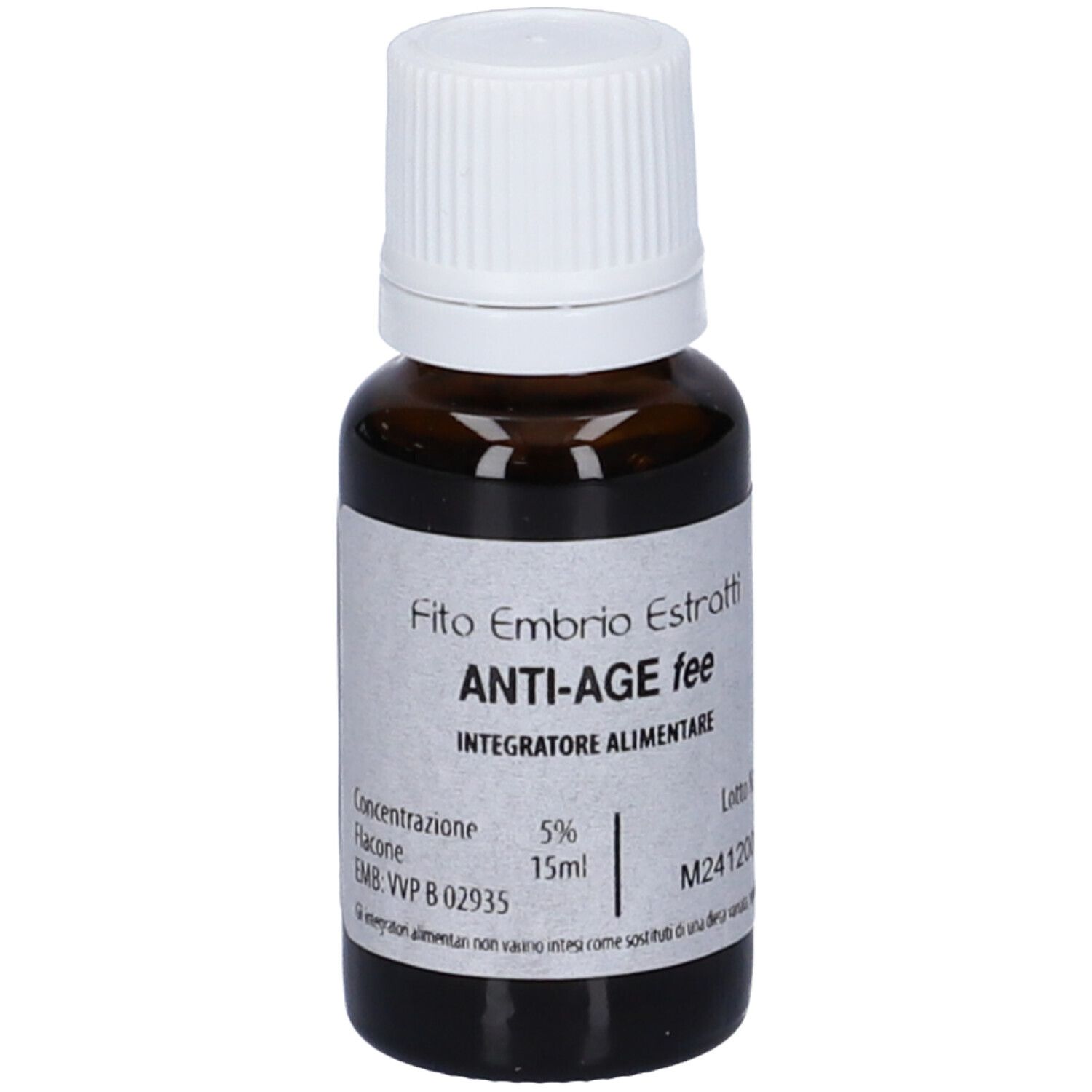 Flacone di vetro marrone con tappo bianco. Scritta: Fito Embryo Estratti ANTI-AGE fee, 15ml.