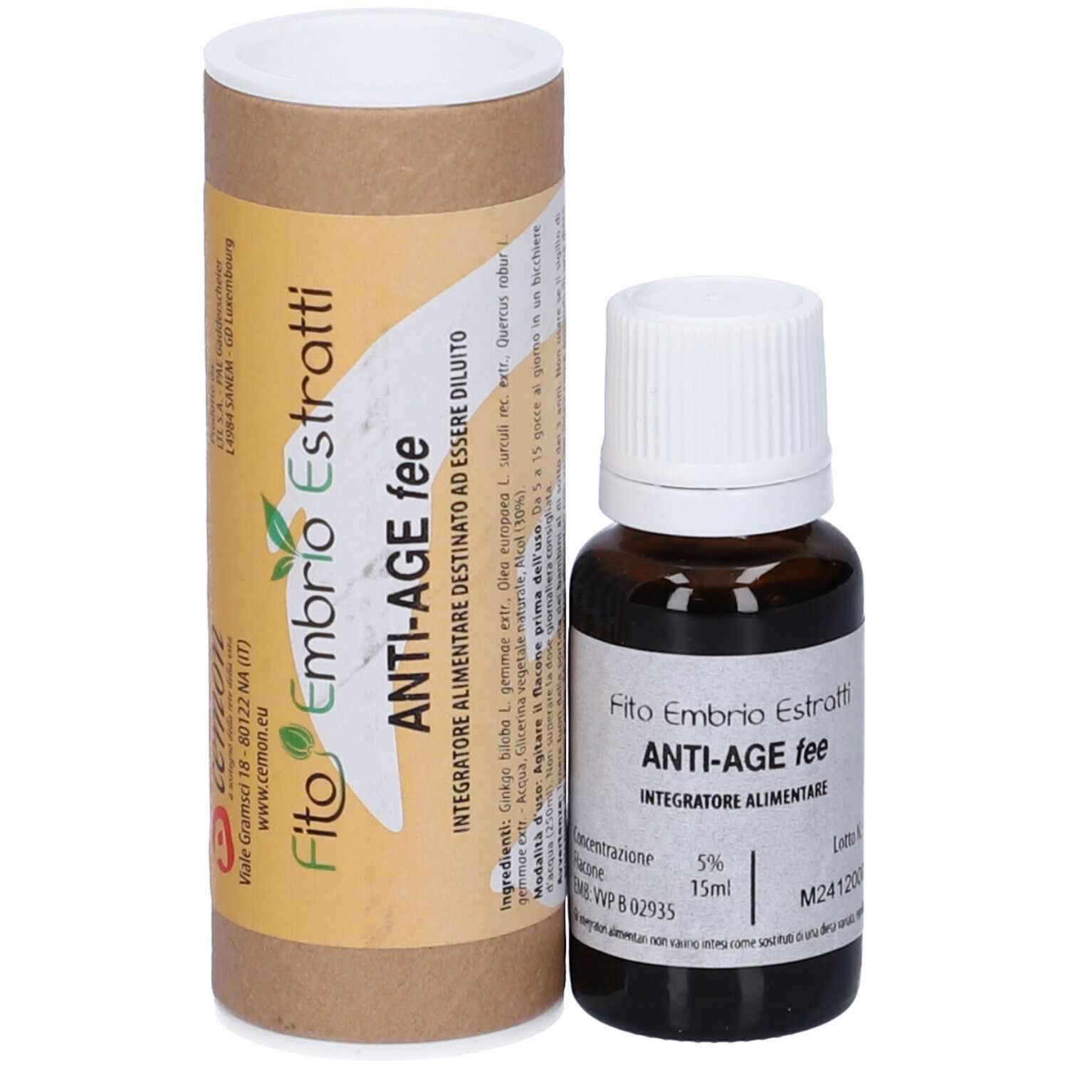 Flacone di vetro marrone con tappo bianco e tubo di cartone marrone. Scritta: Fito Embryo Estratti ANTI-AGE fee, 15ml.