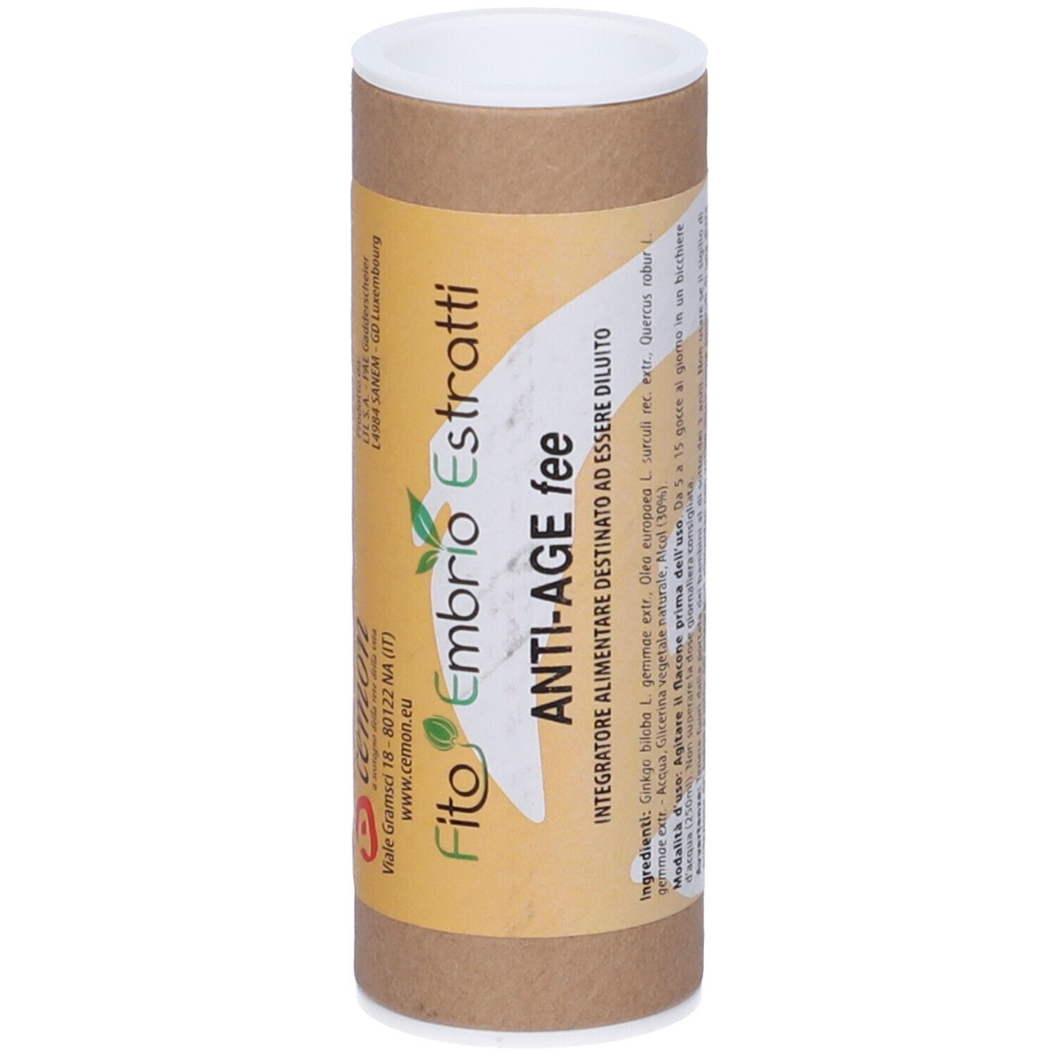 Tubo di cartone marrone con scritta: Fito Embryo Estratti ANTI-AGE fee.