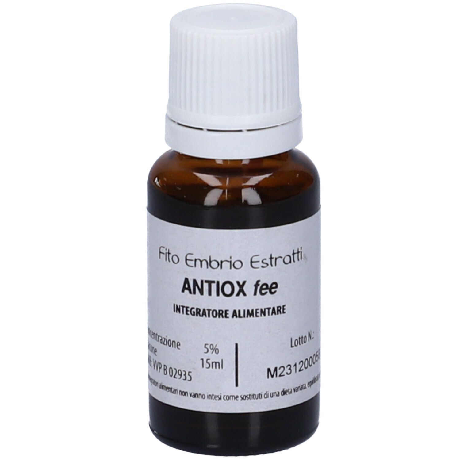 Flacone di vetro marrone con tappo bianco. Scritta: Fito Embryo Estratti ANTIOX fee, 5%, 15ml.