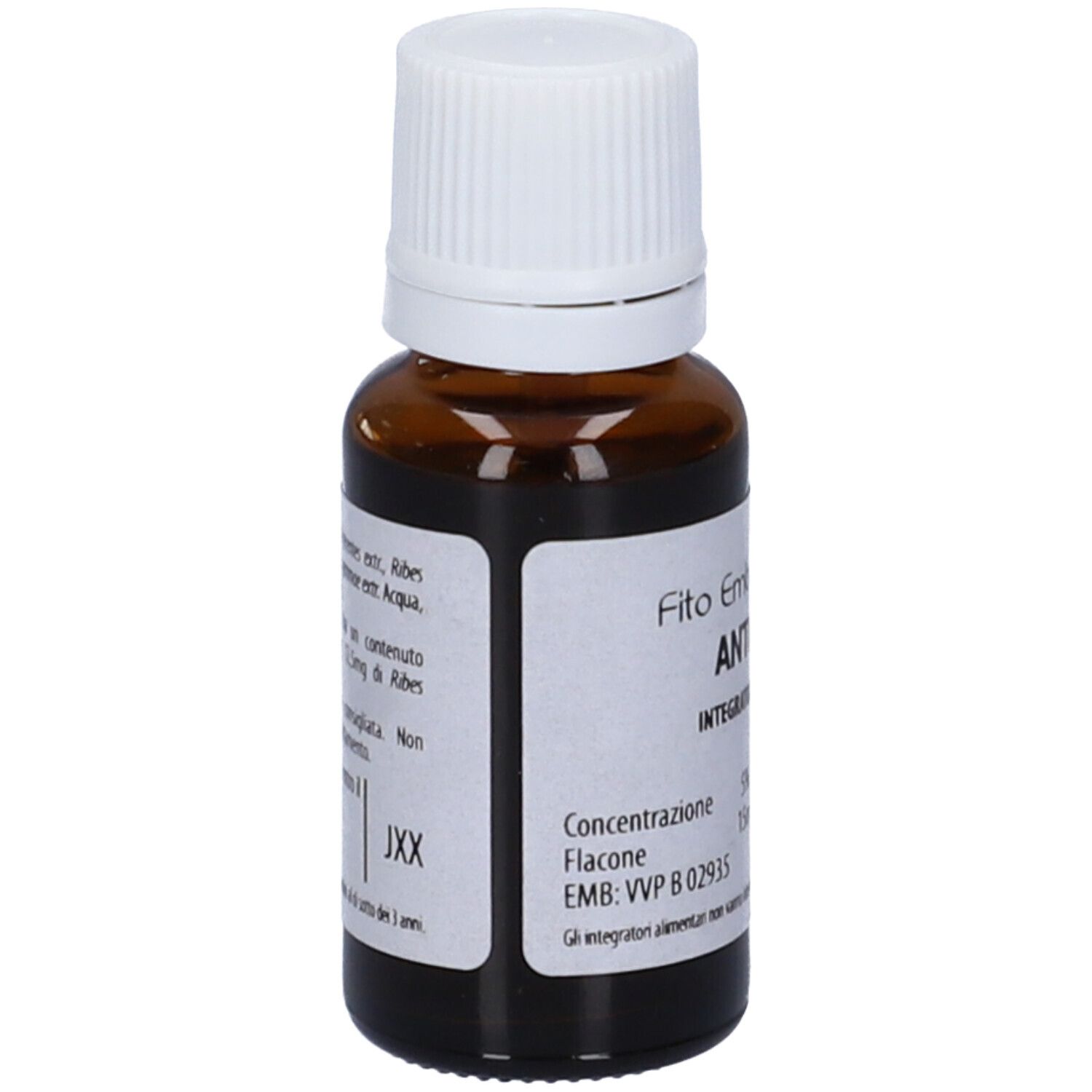 Flacone di vetro marrone con tappo bianco. Scritta: Fito Embryo Estratti ANTIOX fee, 5%, 15ml.