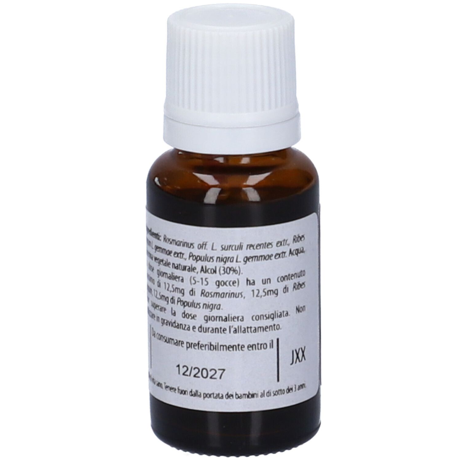 Flacone di vetro marrone con tappo bianco. Scritta: Fito Embryo Estratti ANTIOX fee, 5%, 15ml.