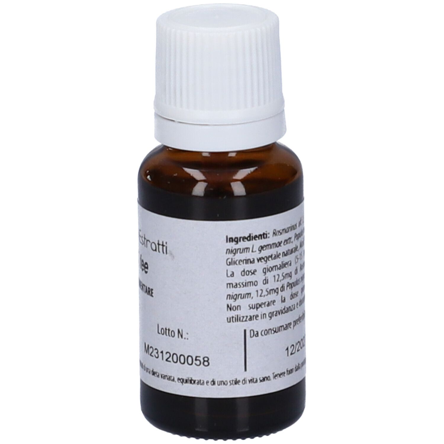 Flacone di vetro marrone con tappo bianco. Scritta: Fito Embryo Estratti ANTIOX fee, 5%, 15ml.