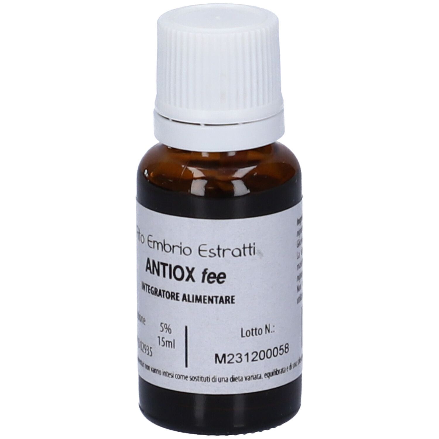 Flacone di vetro marrone con tappo bianco. Scritta: Fito Embryo Estratti ANTIOX fee, 5%, 15ml.