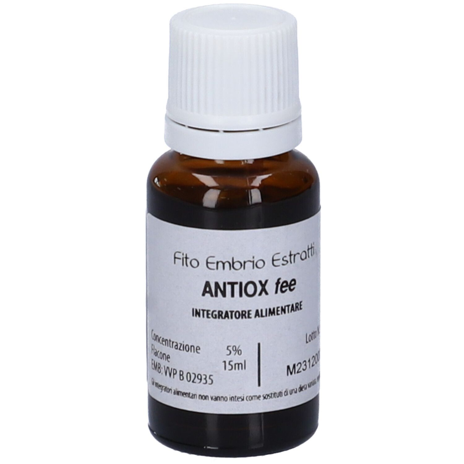 Flacone di vetro marrone con tappo bianco. Scritta: Fito Embryo Estratti ANTIOX fee, 5%, 15ml.
