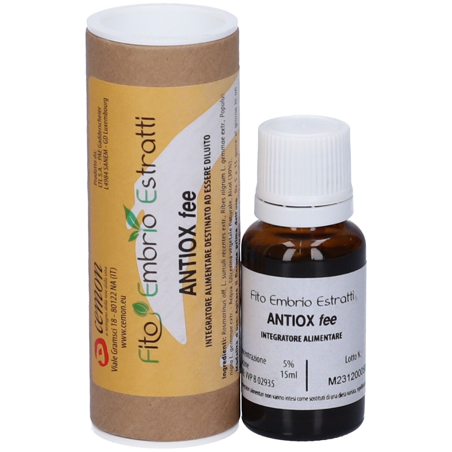 Flacone di vetro marrone con tappo bianco e tubo di cartone marrone. Scritta: Fito Embryo Estratti ANTIOX fee, 5%, 15ml.