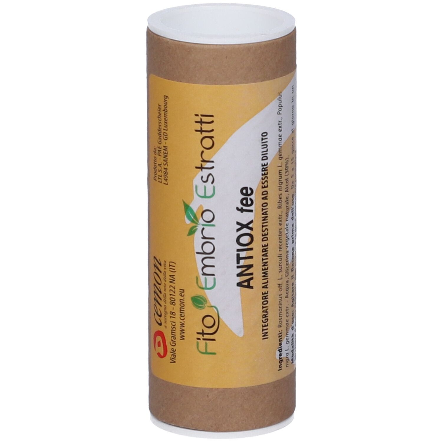 Tubo di cartone marrone con scritta: Fito Embryo Estratti ANTIOX fee.