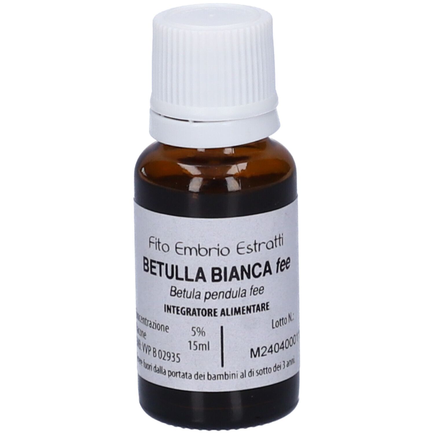 Flacone di vetro marrone con tappo bianco ed etichetta. Scritta: Betulla Bianca fee, 15ml.