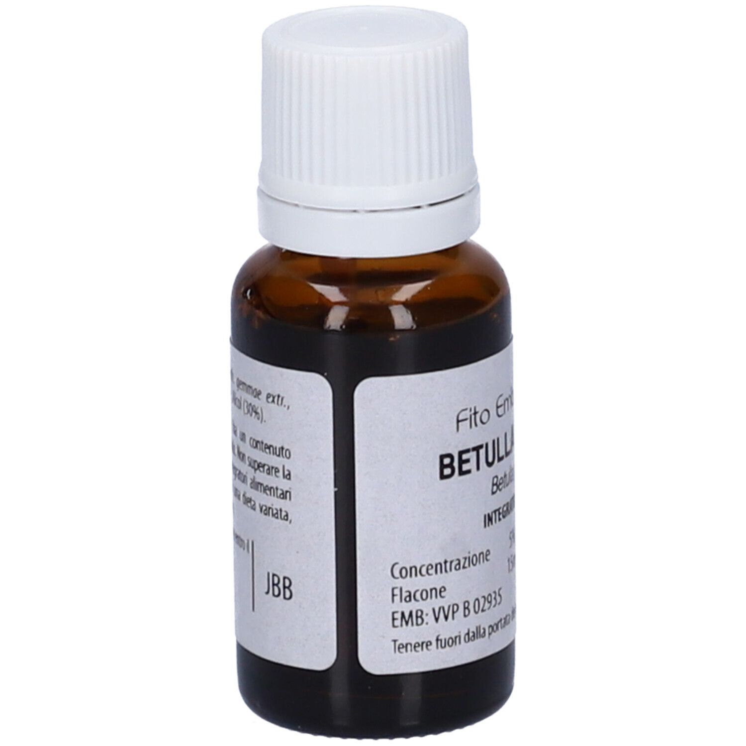 Flacone di vetro marrone con tappo bianco ed etichetta. Scritta: Betulla Bianca fee, 15ml.