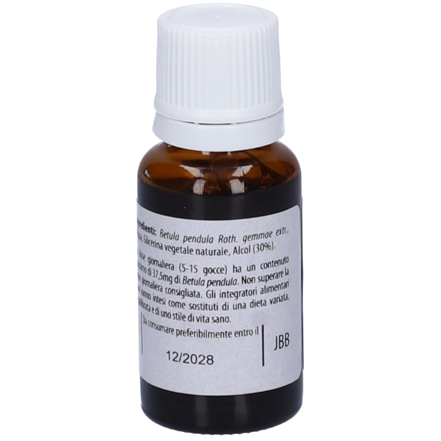 Flacone di vetro marrone con tappo bianco ed etichetta. Scritta: Betulla Bianca fee, 15ml.