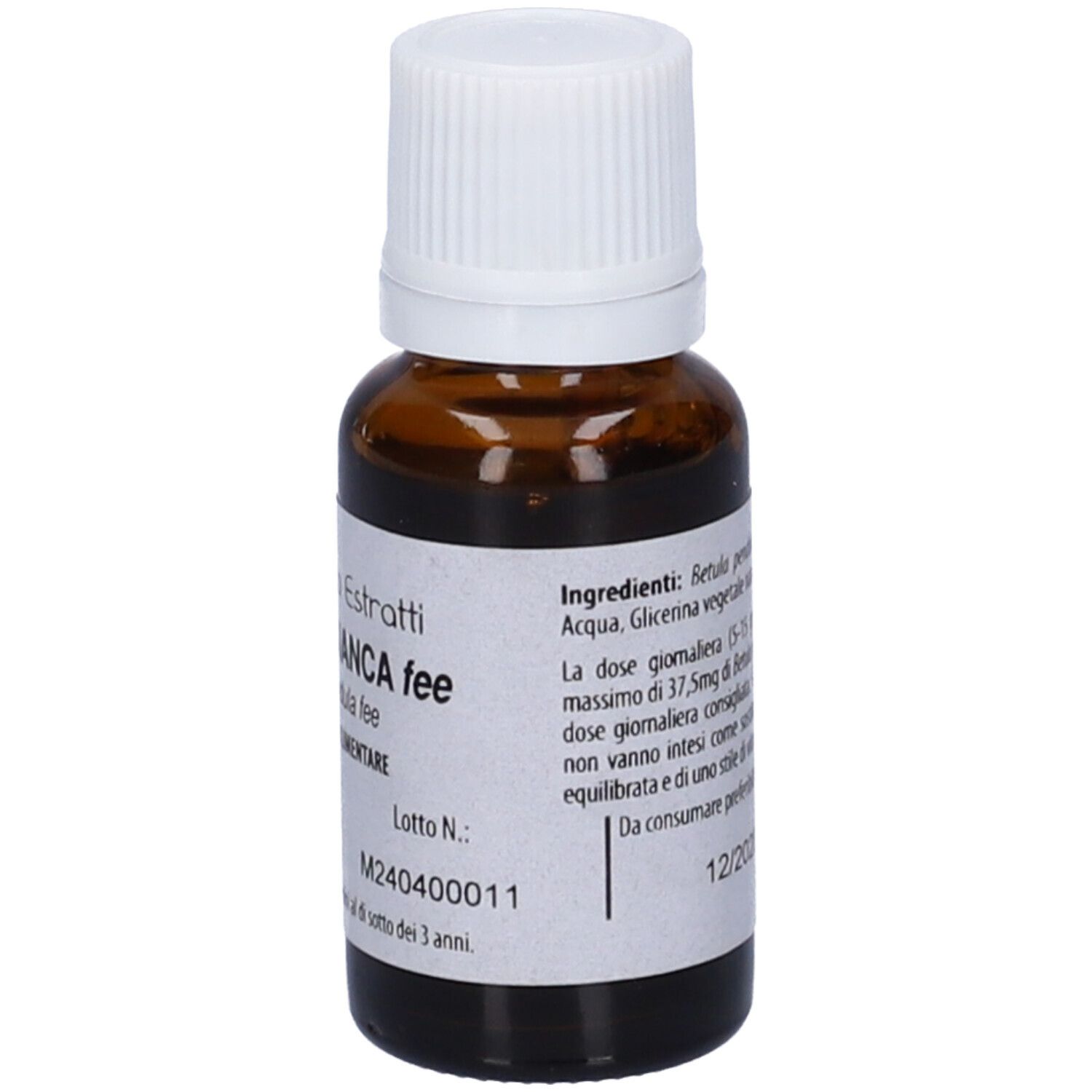 Flacone di vetro marrone con tappo bianco ed etichetta. Scritta: Betulla Bianca fee, 15ml.