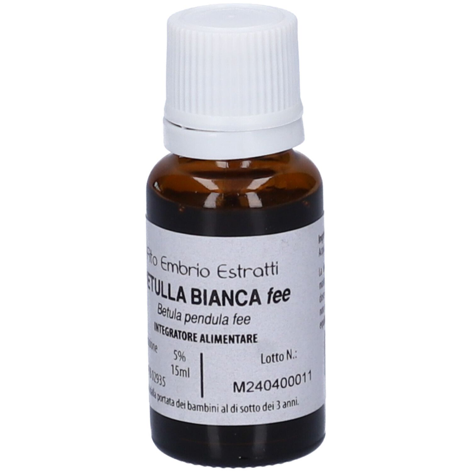 Flacone di vetro marrone con tappo bianco ed etichetta. Scritta: Betulla Bianca fee, 15ml.