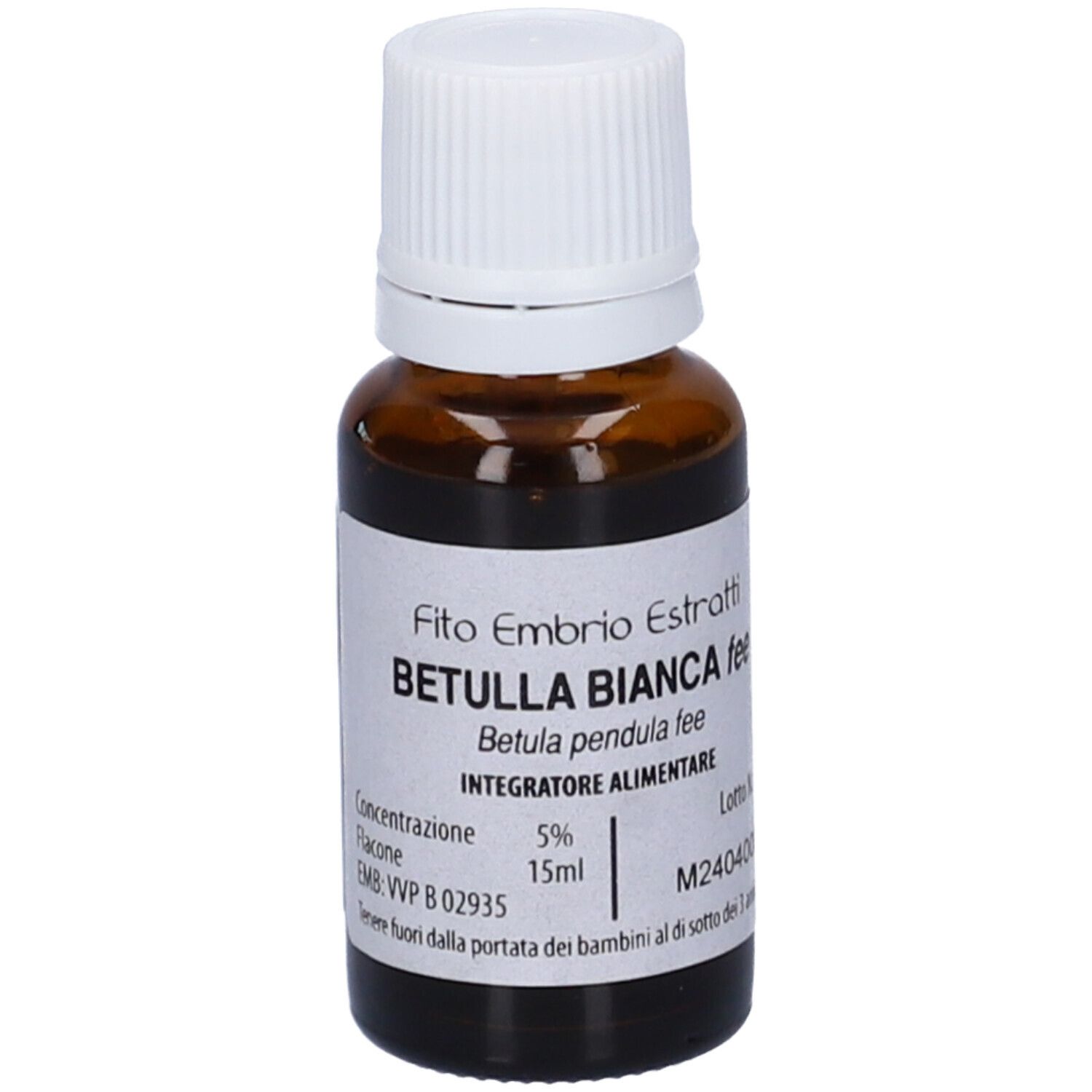 Flacone di vetro marrone con tappo bianco ed etichetta. Scritta: Betulla Bianca fee, 15ml.