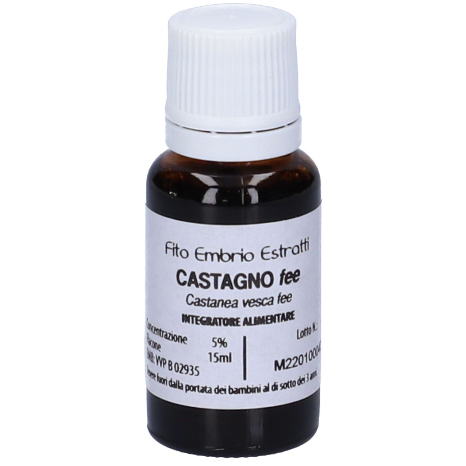 Flacone di vetro marrone con tappo bianco. Scritta: Fito Embryo Estratti Castagno fee, 15ml, 5%.