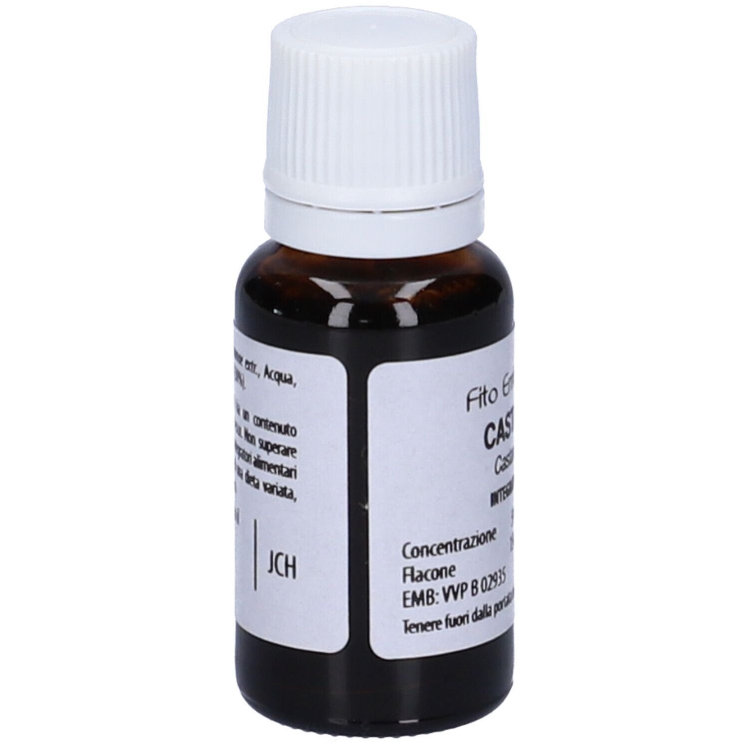 Flacone di vetro marrone con tappo bianco. Scritta: Fito Embryo Estratti Castagno fee, 15ml, 5%.
