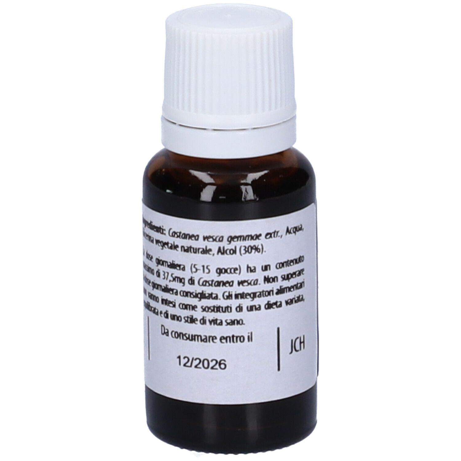 Flacone di vetro marrone con tappo bianco. Scritta: Fito Embryo Estratti Castagno fee, 15ml, 5%.