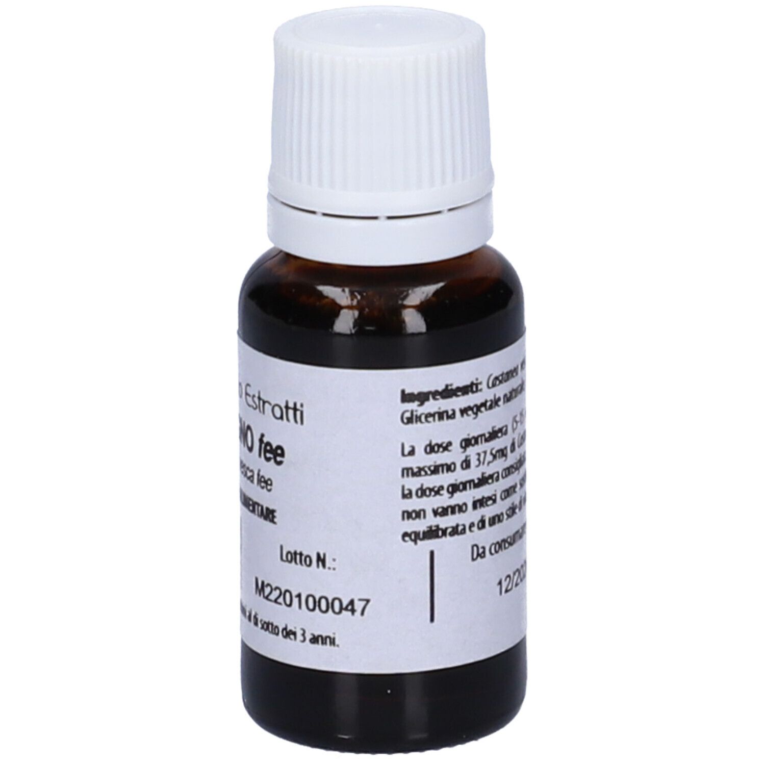 Flacone di vetro marrone con tappo bianco. Scritta: Fito Embryo Estratti Castagno fee, 15ml, 5%.