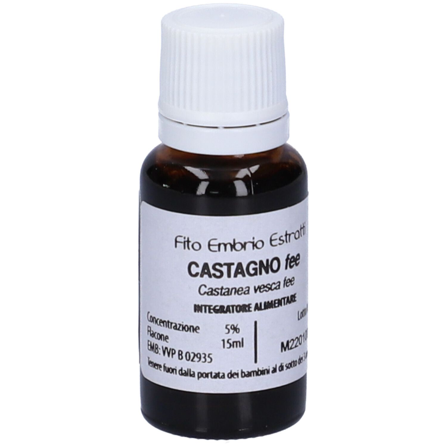 Flacone di vetro marrone con tappo bianco. Scritta: Fito Embryo Estratti Castagno fee, 15ml, 5%.