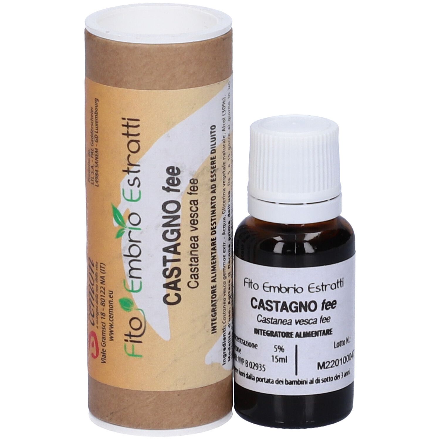 Flacone di vetro marrone con tappo bianco e confezione di cartone marrone. Scritta: Fito Embryo Estratti Castagno fee, 15ml, 5%.